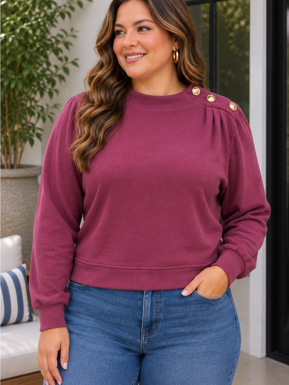 Talbots Berry Button-Shoulder Crewneck Sweatshirt